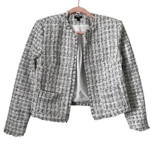 Express‎ Blazer Jacket Womens Small White Black Tweed Plaid Open Front Fringe